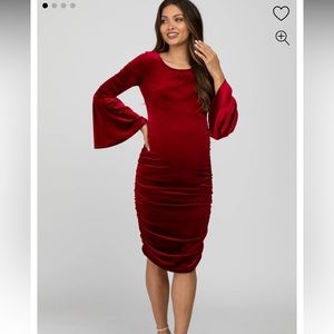Pinkblush Red Velvet Ruched Bell Sleeve Maternity Dress